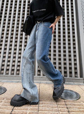 Culture春季小众撞色扎染渐变牛仔裤微喇叭休闲裤男裤脚破坏设计