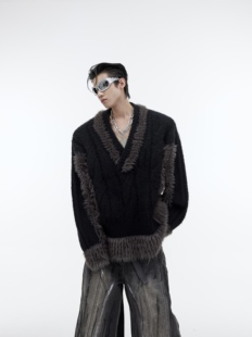 CulturE小众毛绒拼接针织衫 男 v领宽松毛衣撞色简约潮流设计感毛衫
