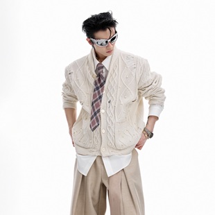 重工珍珠设计感毛衣慵懒镂空针织开衫 空心格 外套 CulturE ArguE