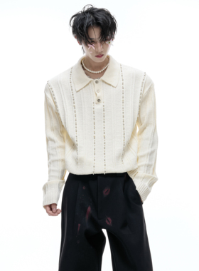 ArguE CulturE时黛*新贵珍珠点缀针织polo衫竖条纹肌理修身长袖
