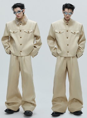 ArguE CulturE小立领夹克套装简约贵气短款毛领外套宝石纽扣上衣