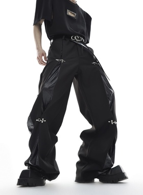 CulturE小众解构金属飞机扣西裤皮拼接设计感休闲直筒裤垂感长裤