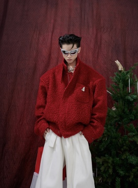 CulturE24ss小众重磅肌理感毛呢廓形短款夹克新年外套圣诞上衣男