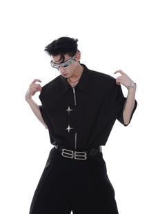 黑衬衣男夏 宽松高级开衫 ArguE原创小众金属拉链设计感短袖 衬衫