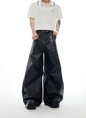 ArguE CulturE小众重磅流光涂层刷蜡阔腿裤金属点缀休闲直筒长裤