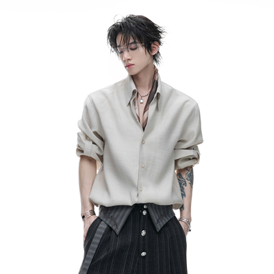 ArguE亚麻耐磨宽松刺衬衫上衣男