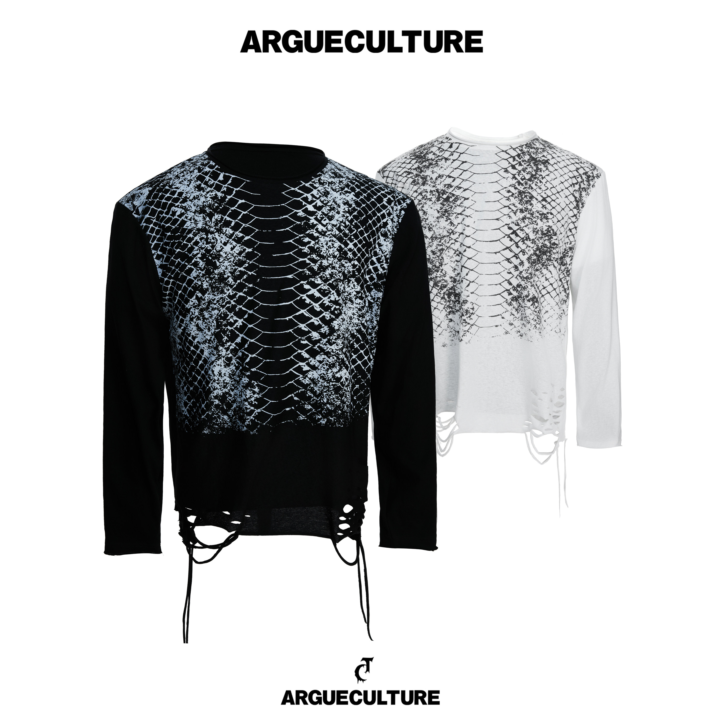 ArguECulturE诡异*渐变蟒蛇纹长袖T恤亚B不规则破坏流苏内搭上衣