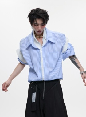 ArguECulturE小众学院蓝色条纹衬衫假两件设计感短袖宽松高级开衫