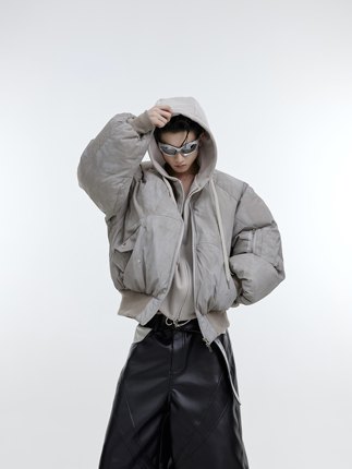 CulturE小众解构做旧假两件设计感卫衣拼接棉服短款连帽外套棉衣