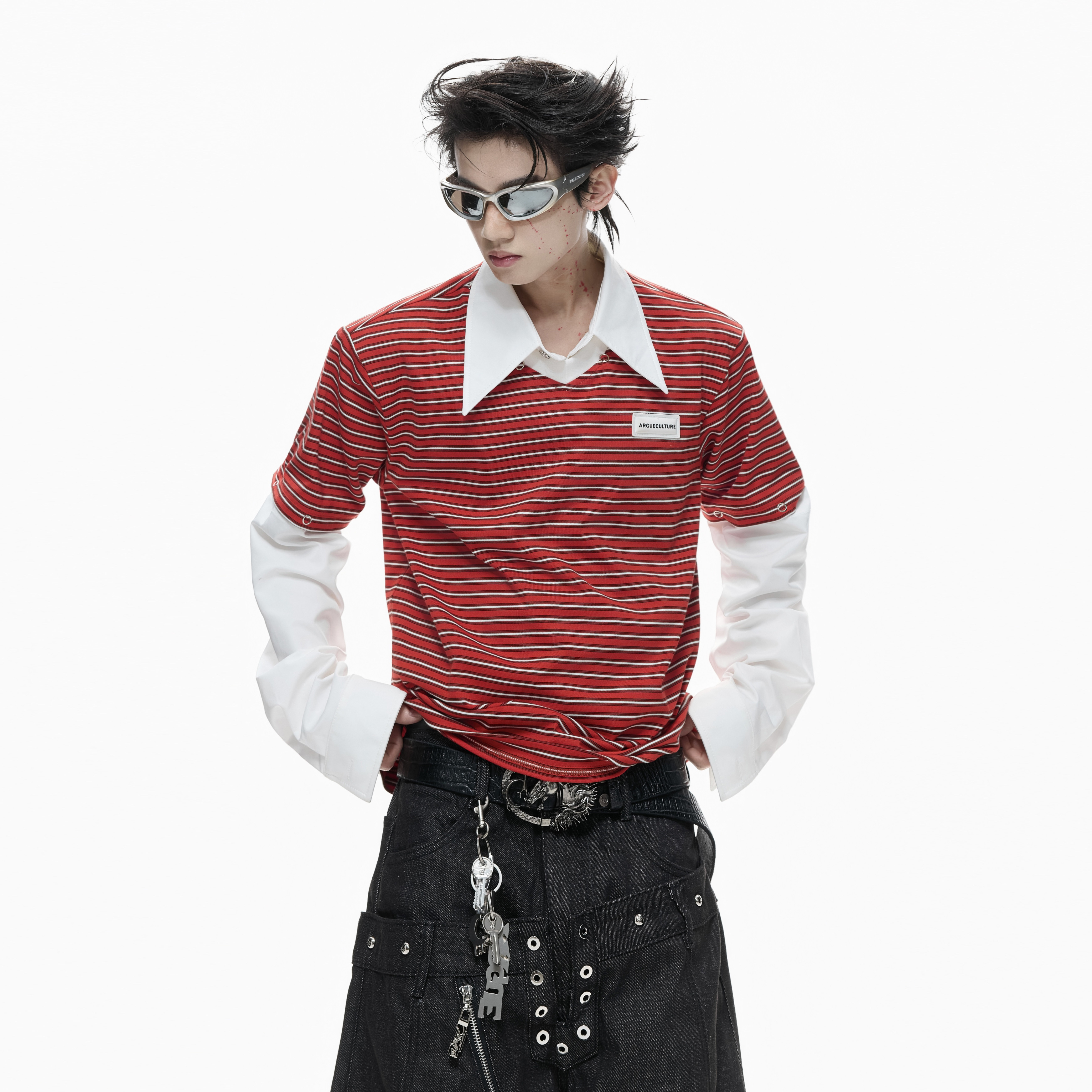 ArguE26ss*异态撞色条纹假两件衬衫翻领polo衫可拆卸袖子短袖上衣