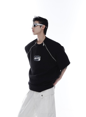 CulturE夏原创小众金属设计感垫肩短袖拉链拼接圆领潮流白色