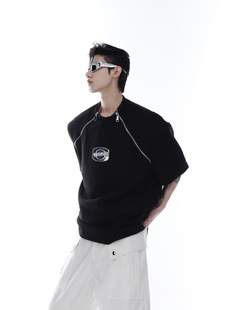 CulturE夏原创小众金属设计感垫肩短袖 拉链拼接圆领潮流白色