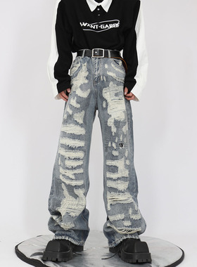 CulturE复古做旧小众重工破坏设计感牛仔裤街头高级宽松直筒裤