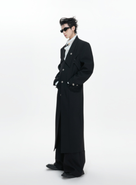 ArguECulturE教父*黑色收腰修身开叉长款大衣挺括翻领多形态西装