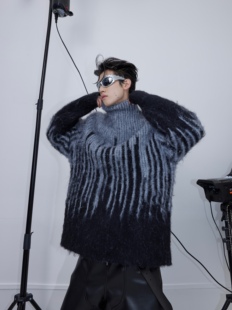 CulturE小众拼接撞色马海毛高领针织毛衣宽松慵懒条纹设计感毛衫