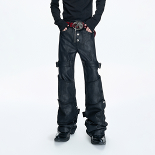 直筒堆叠牛仔裤 ArguE 长裤 刷蜡做旧涂层金属排扣绑带修身 CulturE