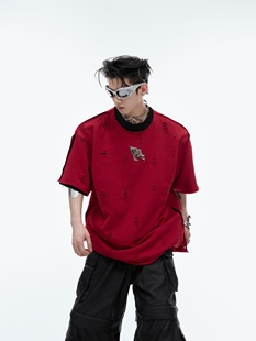 CulturE 假两件破坏设计感垫肩T恤金属点缀做旧宽松短袖