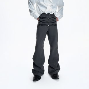 宽松条纹微喇长裤 拿破仑皮编织金属排扣西裤 26ss骑士系列 ArguE