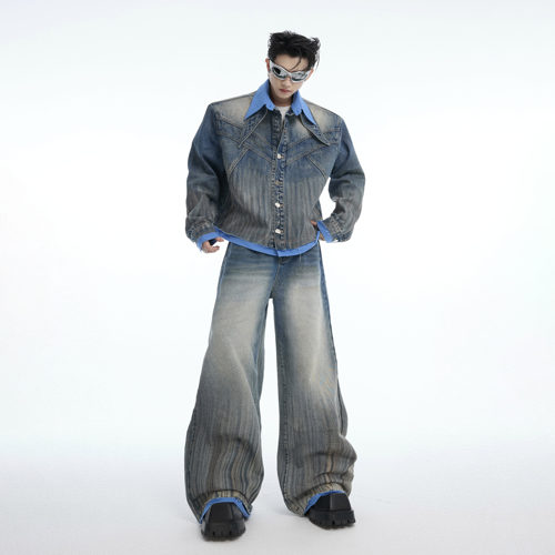 min系复古水洗假两件牛仔套装