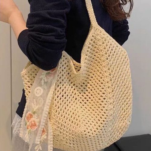 慵懒风腋下包包女夏大容量棉线镂空编织包海边度假通勤单肩托特包