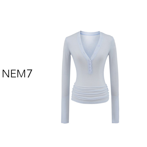 NEM7 2025 天丝V领纽扣紧身长袖女辣妹百搭弹力修身打底衫上衣