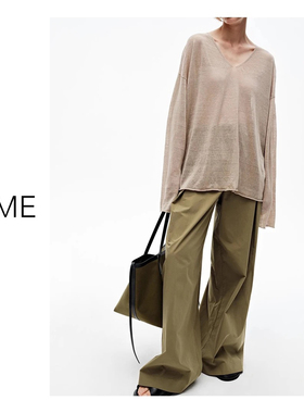 NEME 2025新款V领宽松慵懒风亚麻天丝针织衫女设计感小众毛衣上衣