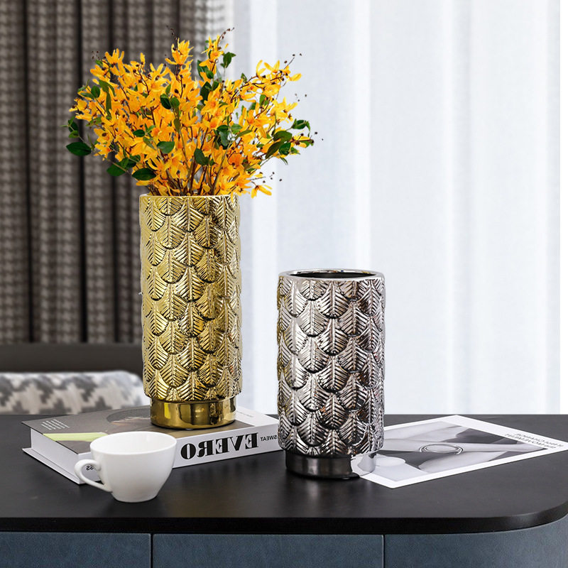 欧式银杏叶电镀陶瓷水培花插设计师款样板房客厅餐厅桌面花瓶摆件