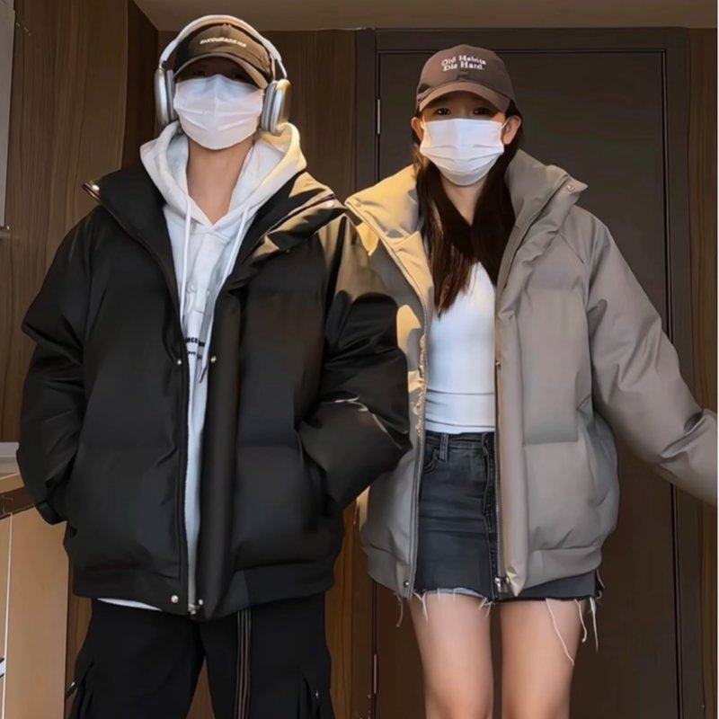 小黑黑原版冬季立领加厚韩版刺绣PU皮棉衣男宽松保暖冬装棉服情侣