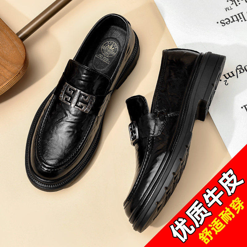 王师傅手工鞋休闲皮鞋一脚蹬乐福鞋英伦风百搭商务黑色中跟男鞋