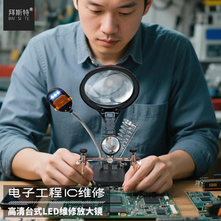 维修放大镜主板焊接夹具手机家电修理台式烙铁支架高清充电带灯