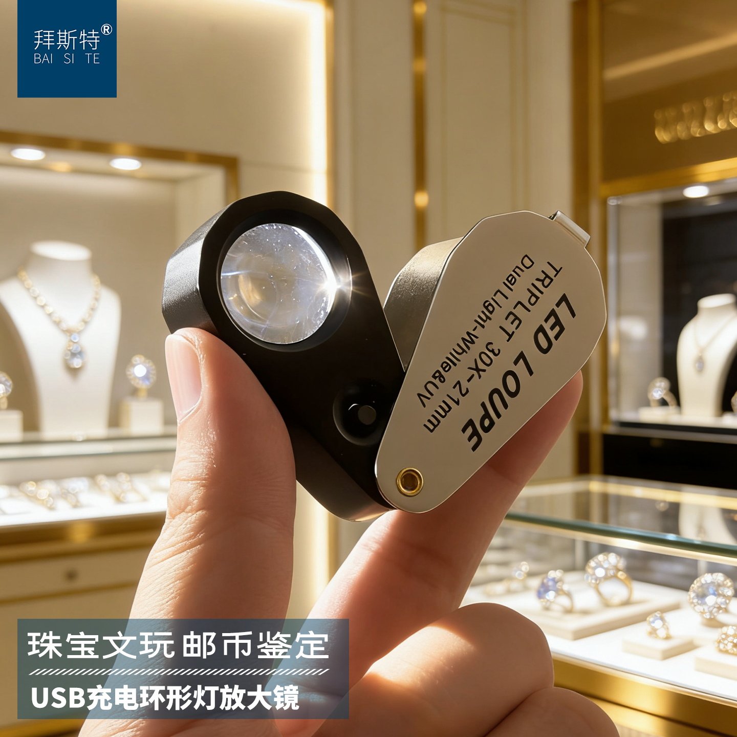 拜斯特10倍珠宝放大镜高清USB充电鉴定玉石翡翠文玩古玩邮票钱币U