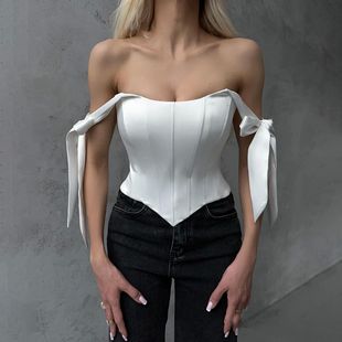 Bandage White Corset Top Women Elegant Black Satin Bustier F