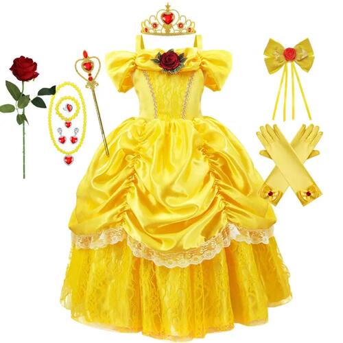 Girls Belle Princess Dress Yellow Party Dress Puff Sleeve Ru