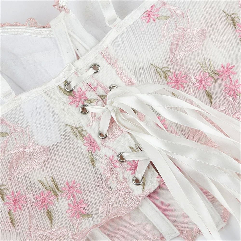 Women White Corset Tank Tops Mesh Camis Backless Bra with Ad