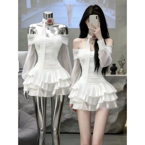White Off Shoulder Elegant Long Sleeve Dress Women New Ruffl