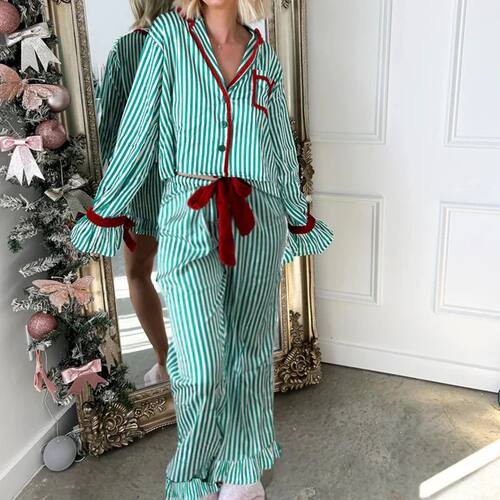 Christmas Pajamas Striped Button Up Crop Blouse Bowknot Long
