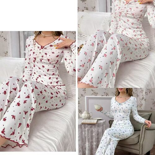 Sweet Color Pajamas Women's Suit Spring And Autumn Flower V-