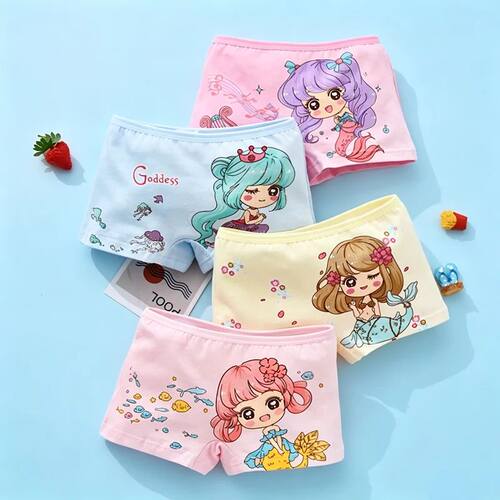 4Pcs/Set Kids Girls Cotton Underwear Cute Mermaid Print Pink