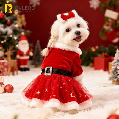Festive Dog Dress Santa Claus Costume Red Mesh Skirt Christm