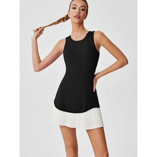 Black One piece Tennis Women Contrast Summer Dress Pleated