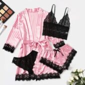 Shor Lingerie Women 4pcs Trim Striped Lace Camisole Set Robe