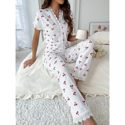 Lace Trim Women Pajama Set Short Sleeve Front Button Top & F