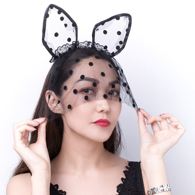 Sexy Hairband Lace Veil Rabbit Ears Hairband Black Polka Dot