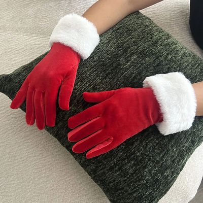 Red Santa Full Finger Gloves with White Fur Short Mittens Ch