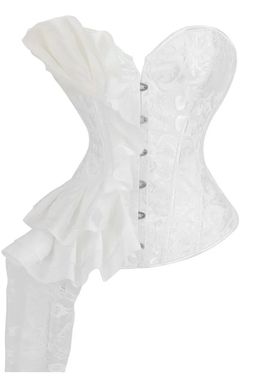 Women White Retro Jacquard Overbust Corset Tops Satin Ruffle