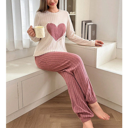 Love Pattern Color-block Pajamas Women's Suit Spring And Aut