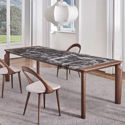 意式极简黑胡桃奢石实木餐桌