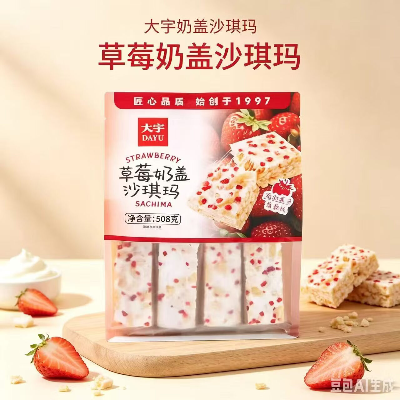 大宇水果草莓奶盖沙琪玛508g袋装黄油坚果黑糖奶盖扁桃仁沙琪玛