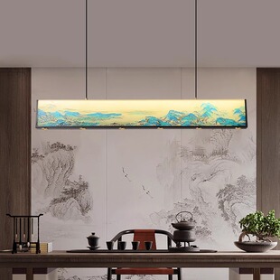 宋式美学餐厅吊灯禅意珐琅彩一字长条茶室灯全铜高端新中式灯具