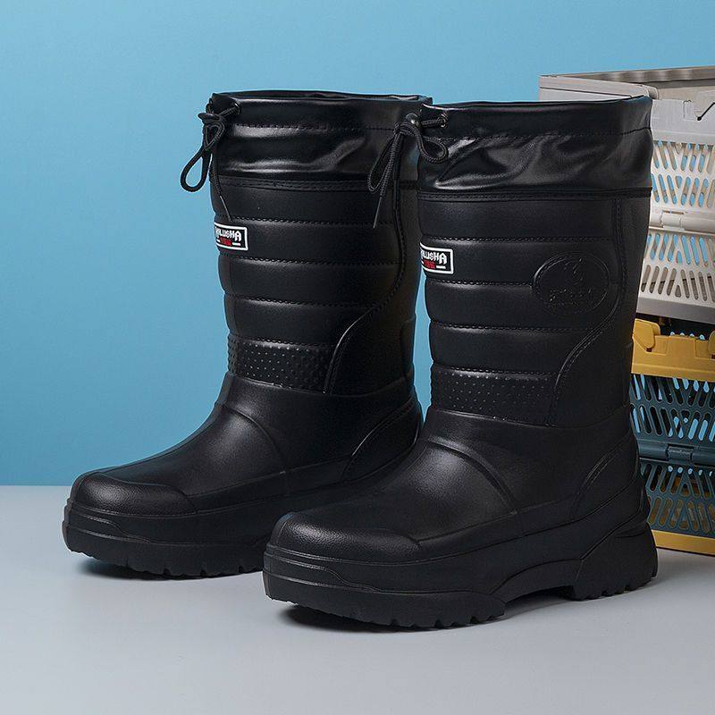厨房防滑冬季钓鱼鞋加绒一体泡沫保暖防水雨鞋男款长筒加厚洗车防